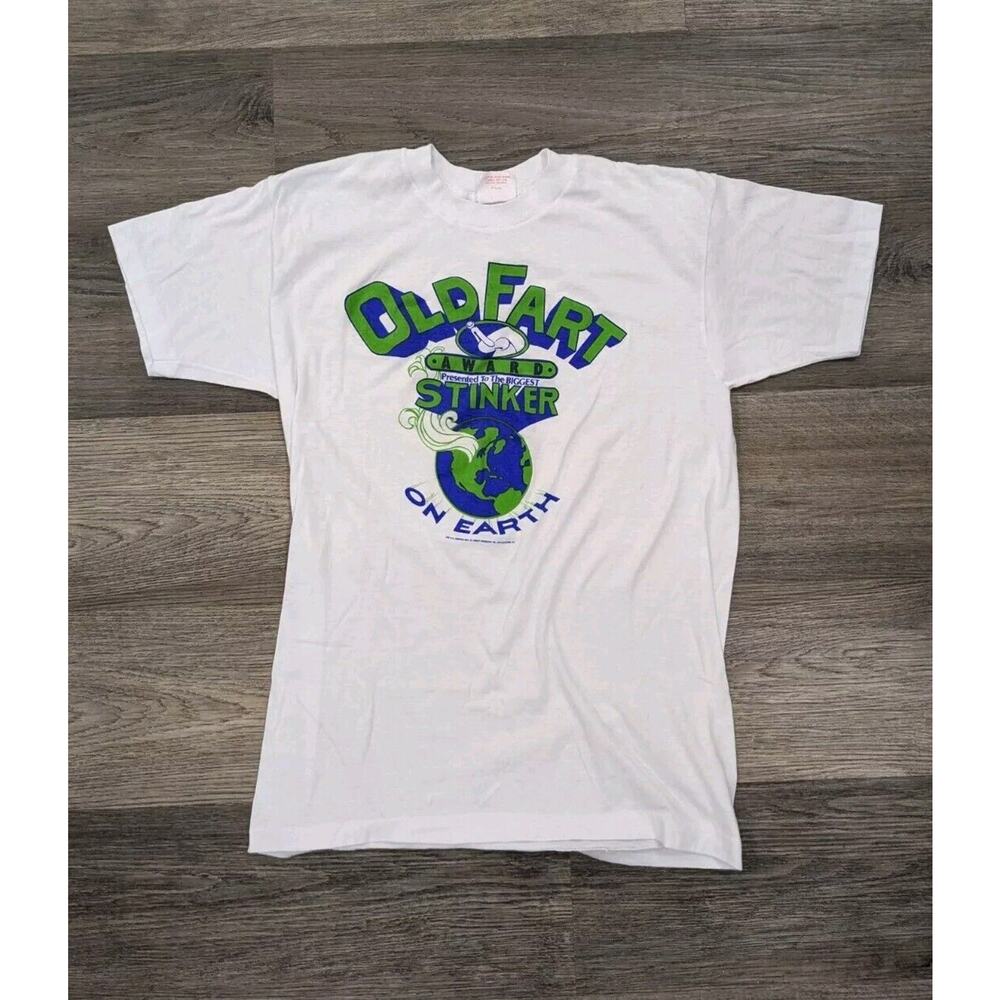 VTG 80s Old Fart Blue Green Graphic T Shirt Men's XL White Tee Single Stitch